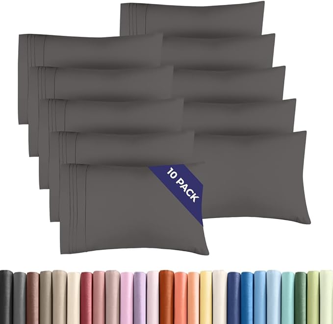 King Pillow Cases Set of 10 - Ultra Soft Hotel Quality Pillowcase Covers - Comfy. Cozy & Wrinkle Free - Shrink, Stain and Fade Resistant - Machine Washable Pillow Protectors - 10 Piece Set - Dark Grey