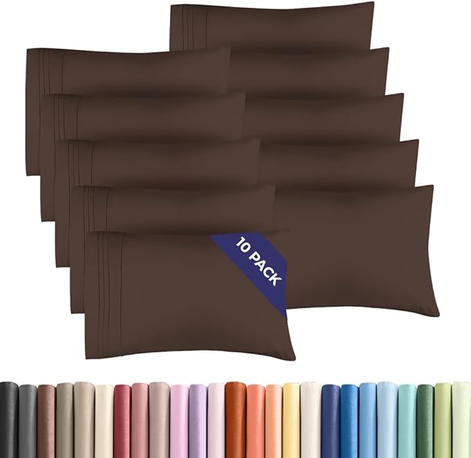 King Pillow Cases Set of 10 - Ultra Soft Hotel Quality Pillowcase Covers - Comfy & Wrinkle Free - Shrink, Stain and Fade Resistant - Easy-Care, Machine Washable Pillow Protectors - 10 Pcs Set - Brown