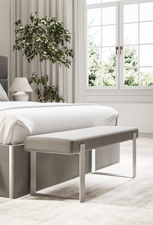 VANT Upholstered Bed Bench - Velvet Emerald Green - Brushed Nickel - Contemporary Modern, Bedroom Bench Seat, Hallway, or Entryway