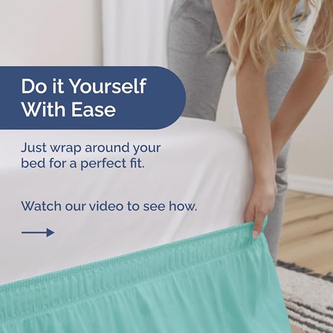 Wrap Around Dust Ruffle Bed Skirt - Spa Blue - for Queen Size Beds with 18 Inch Drop - Elastic Strap - Adjustable Pleated Bedskirt with Brushed Fabric and Wrinkle Free - for Women, Men, Kids & Teens
