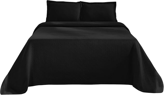 Superior 3 Piece Basketweave Cotton Bedspread Set, Home Bed Decor, Decorative Bed Spread, 2 Pillow Shams, Medium Weight Blanket, Matelasse Coverlet Bedding, Geometric Lattice Pattern, Queen, Black