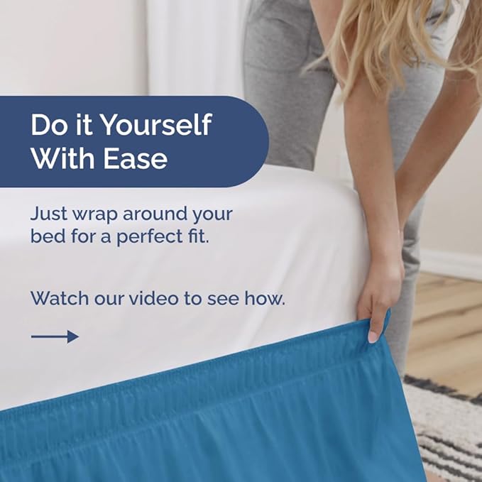 Wrap Around Dust Ruffle Bed Skirt - Denim Blue - for King Size Beds with 24 Inch Drop - Elastic Strap - Adjustable Pleated Bedskirt with Brushed Fabric and Wrinkle Free - for Women, Men, Kids & Teens
