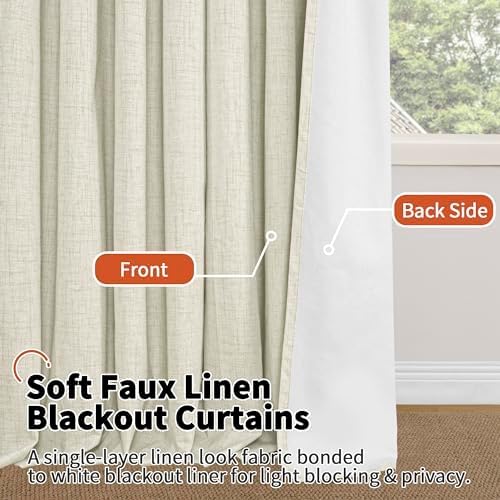 Blackout Curtains 54 Inch Length 2 Panels for Bedroom, Thermal Insulated Total Light Blocking Noise Reducing Linen Window Curtains for Farmhouse, Bronze Grommet, Natural, Each 52" Wide