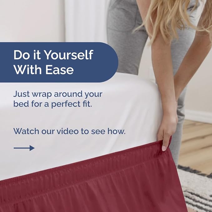 Wrap Around Dust Ruffle Bed Skirt - Burgundy - for Full Size Beds with 15 Inch Drop - Easy Fit Elastic Strap - Adjustable Pleated Bedskirt w/Brushed Fabric Wrinkle Free - for Women, Men, Kids & Teens