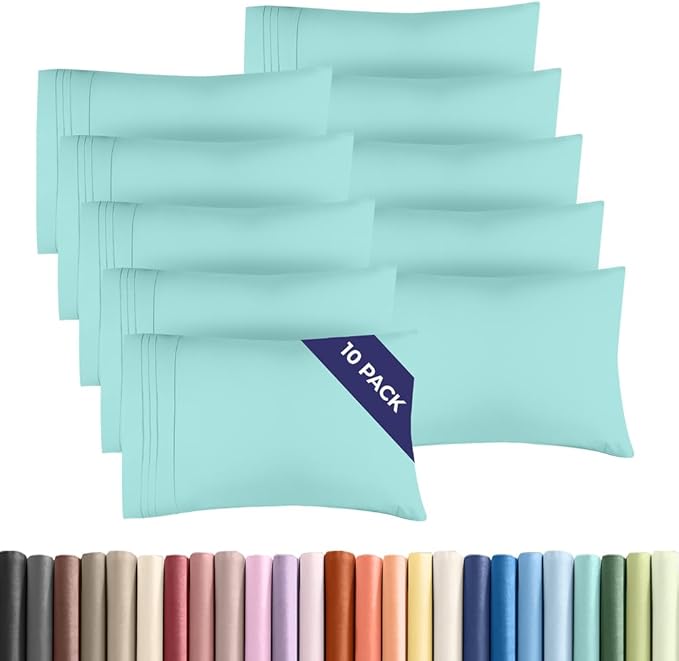 King Pillow Cases Set of 10 - Ultra Soft Hotel Quality Pillowcase Covers - Comfy & Wrinkle Free - Shrink, Stain & Fade Resistant - Easy-Care, Machine Washable Pillow Protectors - 10 Pcs Set - Spa Blue