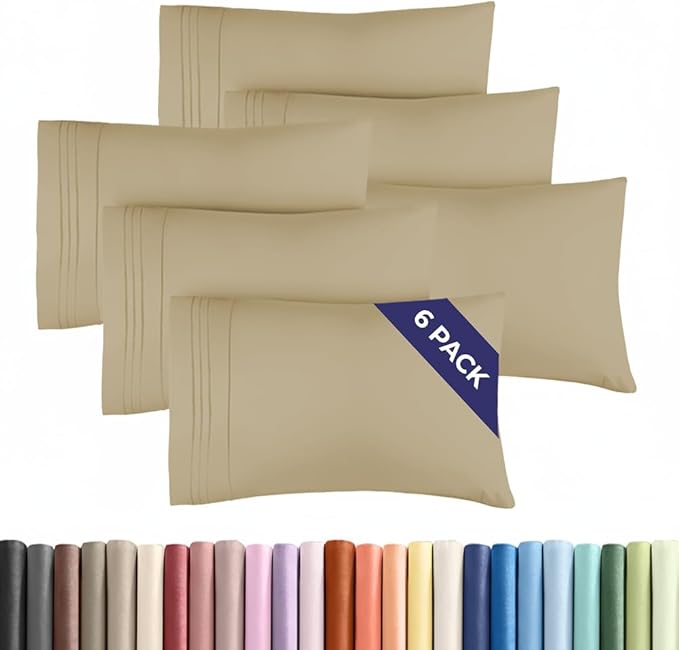 Queen Pillow Cases Set of 6 - Ultra Soft Hotel Quality Pillowcase Covers - Comfy & Wrinkle Free - Shrink, Stain and Fade Resistant - Easy-Care, Machine Washable Pillow Protectors - 6 Pcs Set - Beige