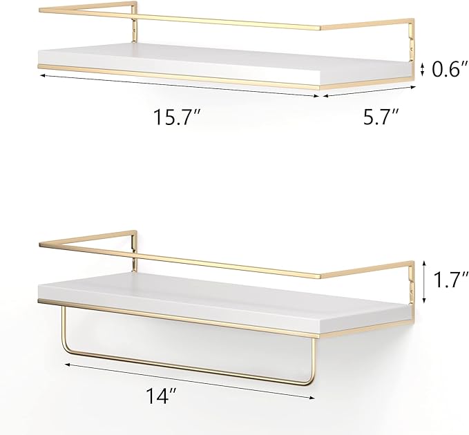 Shario White Floating Shelves - Set of 2, Wall Mounted Hanging Shelves with Golden Towel Rack, Decorative Storage Shelves for Bathroom, Kitchen, Living Room & Bedroom (White Gold, 15.7 Inches) | Hanging Shelves, for Bathroom, Kitchen, Living Room, Bedroom
