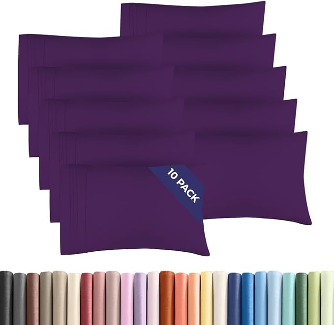 King Pillow Cases Set of 10 - Ultra Soft Hotel Quality Pillowcase Covers - Comfy & Wrinkle Free - Shrink, Stain and Fade Resistant - Easy-Care, Machine Washable Pillow Protectors - 10 Pcs Set - Purple