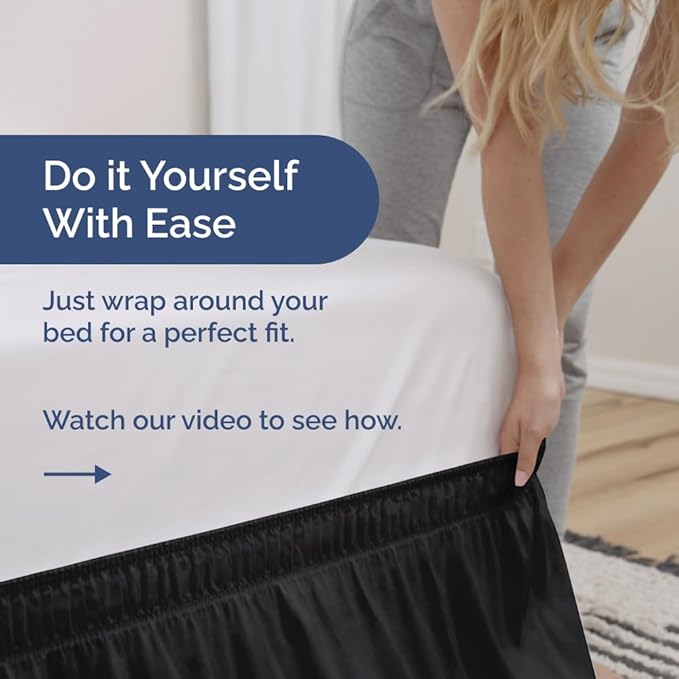 Wrap Around Dust Ruffle Bed Skirt - Black - for Queen Size Beds with 12 Inch Drop - Easy Fit Elastic Strap - Adjustable Pleated Bedskirt w/Brushed Fabric - Wrinkle Free - for Women, Men, Kids & Teens