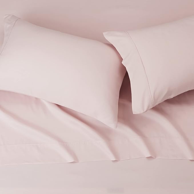 Amazon Basics Lightweight Super Soft Easy Care Microfiber 4-Piece Bed Sheet Set with 14-Inch Deep Pockets, Luxury Bedding, Queen, Blush Pink, Solid