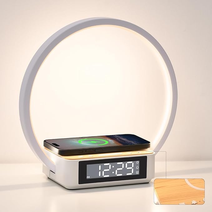 WILIT Bedside Lamp with Alarm Clock,Touch Lamp with Wireless Charger,Nightlight for Bedroom,Sunrise Wake-up Light,3-Grade Dimmable,Birthday Gifts for Her,Women,Men,Mom,Daughter,Girlfriend(Wood Grain)