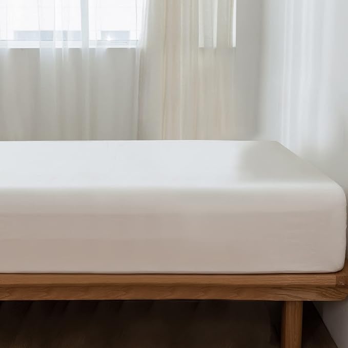 MooMee Fitted Bottom Sheet Only 100% Washed Cotton Linen Like Textured Breathable Durable Soft Comfy Deep Pocket Fits Mattress up to 17" (Off White, Queen)