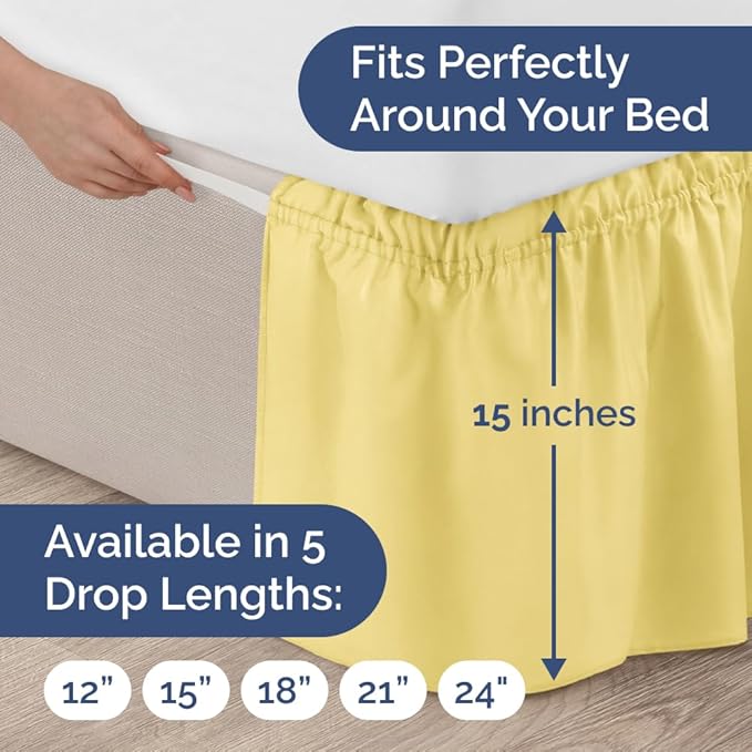 Wrap Around Dust Ruffle Bed Skirt - Yellow - Twin/Twin XL Size Beds with 15 Inch Drop - Easy Fit Elastic Strap - Adjustable Pleated Bedskirt w/Brushed Fabric - Wrinkle Free - Women, Men, Kids & Teens