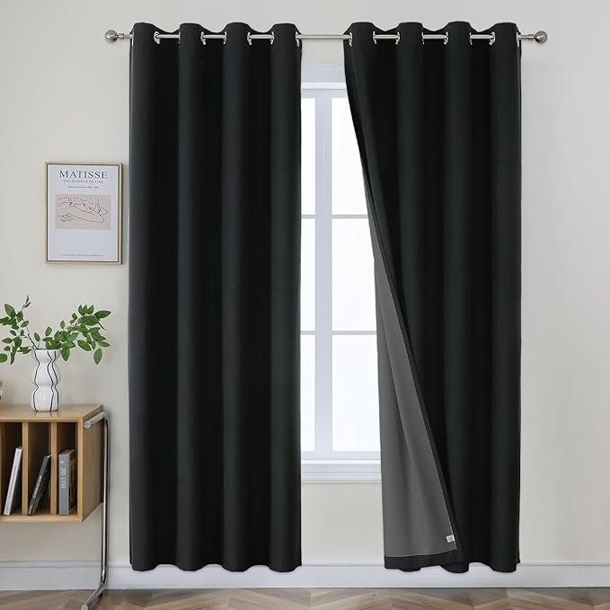 Joydeco Blackout Curtains 90 Inches Long 2 Panels Burg, Room Darkening Curtains for Bedroom, 100% Black Out Textured Thermal Drapes Privacy Protection 2 Panels Set(W52 x L90 Inch, Black)