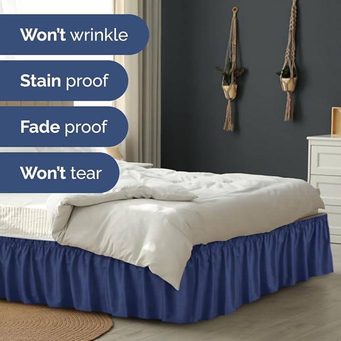 Wrap Around Dust Ruffle Bed Skirt - Navy Blue - for Twin Size Beds w/ 14 Inch Drop - Easy Fit Elastic Strap - Adjustable Pleated Bedskirt with Brushed Fabric, Wrinkle Free Women, Men, Kids and Teens