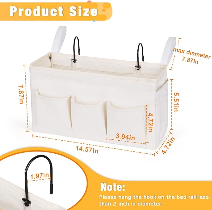 Bedside Caddy Organizer with Fixed Straps and Water Bottle Holder for Home, College Dorm, Hospital, Crib and Bunk Bed (2pcs White)