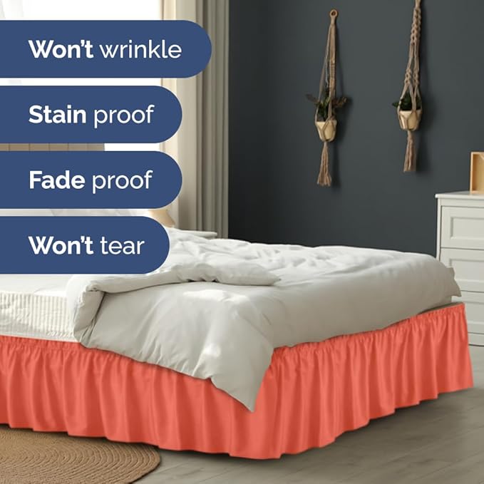 Wrap Around Dust Ruffle Bed Skirt - Coral - for King Size Beds with 12 Inch Drop - Easy Fit Elastic Strap - Adjustable Pleated Bedskirt w/Brushed Fabric - Wrinkle Free - for Women, Men, Kids & Teens