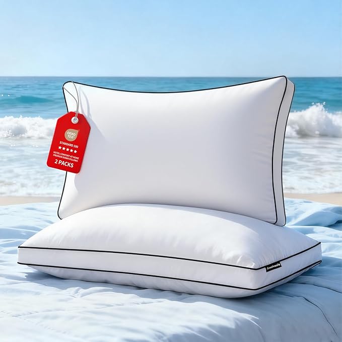 Feather Down Pillows Queen Size Set of 2 Pack, Luxury Hotel Quality Bed Pillow, Soft Medium Firm Feathers Pillow For Sleeping, Down Surrounded Gusseted Pillows for Side Back Stomach Sleepers 20x30 In