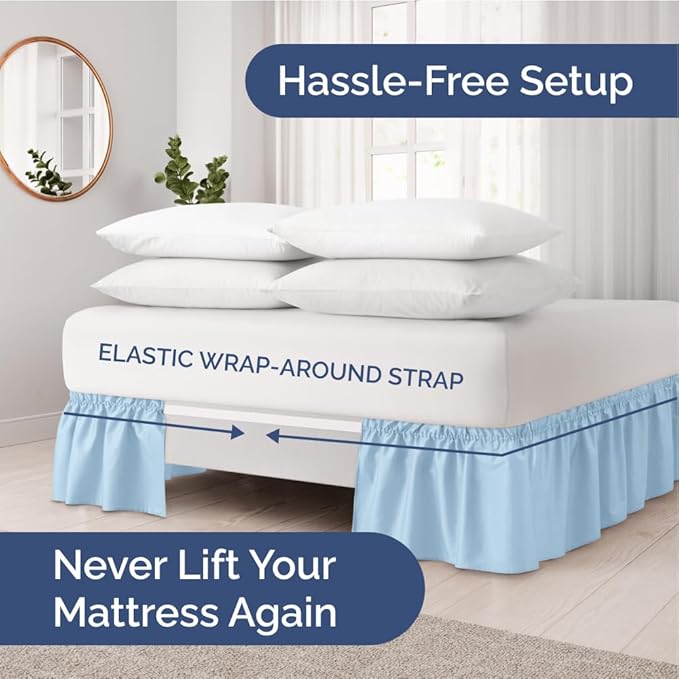 Wrap Around Dust Ruffle Bed Skirt - Light Blue - Twin/Twin XL Size Beds with 24 Inch Drop - Elastic Strap - Adjustable Pleated Bedskirt with Brushed Fabric and Wrinkle Free - Women, Men, Kids & Teens
