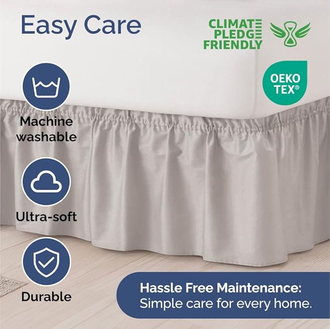 Wrap Around Dust Ruffle Bed Skirt - Light Grey - for Queen Size Beds with 15 Inch Drop - Elastic Strap - Adjustable Pleated Bedskirt with Brushed Fabric and Wrinkle Free - For Women, Men, Kids & Teens