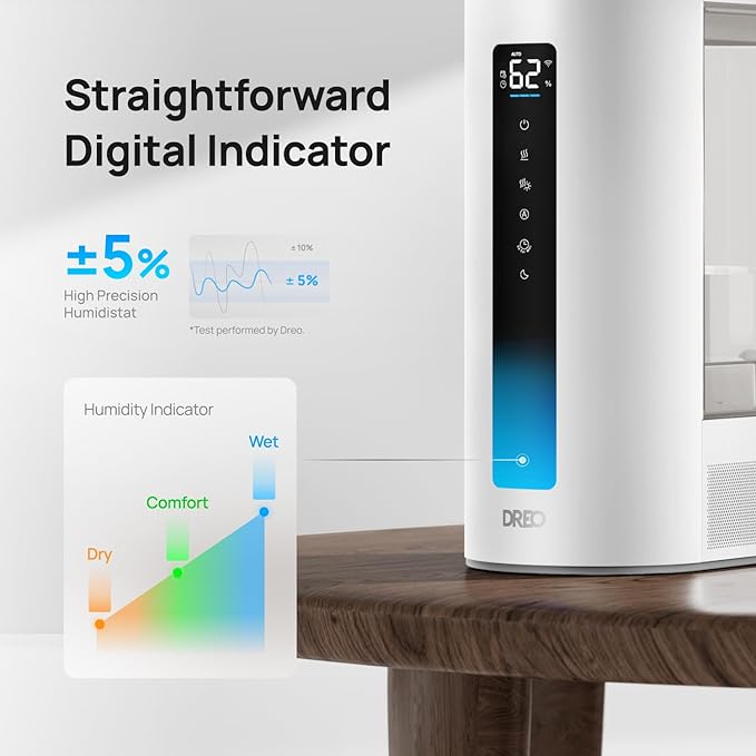 Dreo 6L Humidifiers for Bedroom, Smart Warm & Cool Mist for Large Room, 60Hr Quiet Runtime for Baby, Plant, Humidity Sensor, Indicator Light, 12H Timer, Google/Alexa, Grey