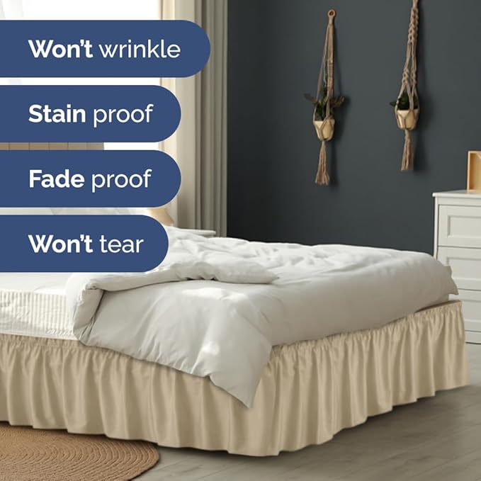 Wrap Around Dust Ruffle Bed Skirt - Beige - Twin/Twin XL Size Beds with 12 Inch Drop - Easy Fit Elastic Strap - Adjustable Pleated Bedskirt w/Brushed Fabric - Wrinkle Free - Women, Men, Kids & Teens