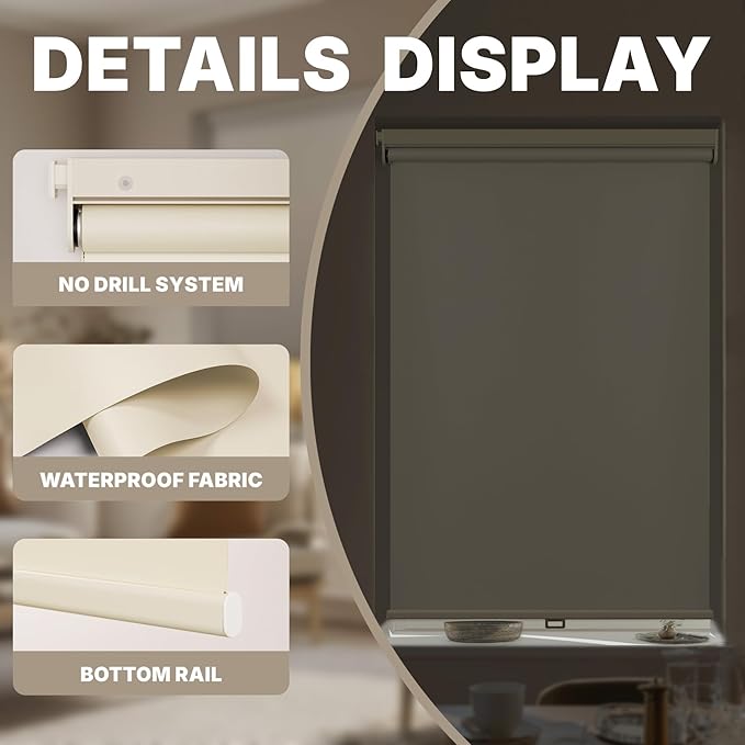 HESTIA No Drill Cordless Blackout Roller Shades Screwless Waterproof Shower Window Blinds, Auto-Retraction Easy Install Blind for Bathroom/Kitchen/Office/Exterior, Cream, 26.5" W x 72" H