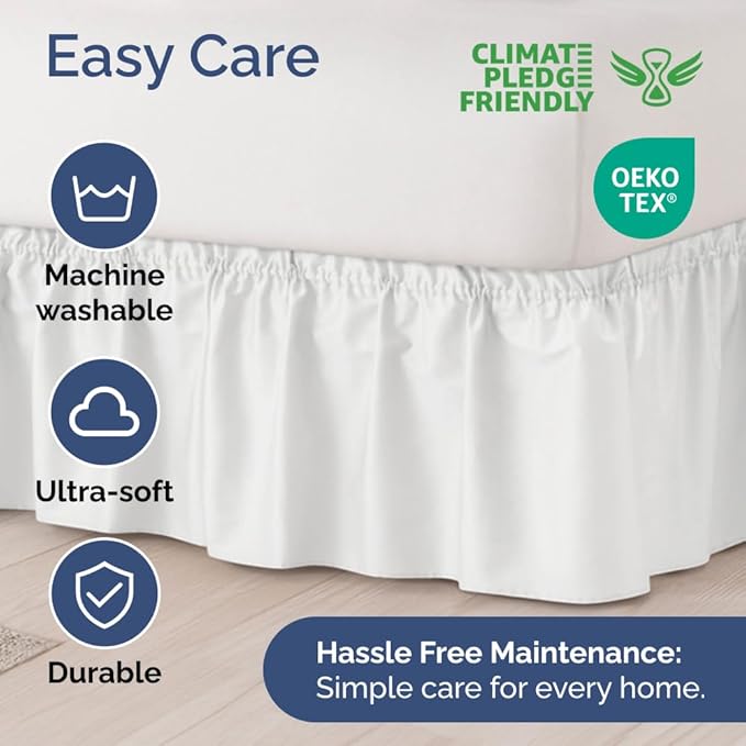 Wrap Around Dust Ruffle Bed Skirt - White - for Queen Size Beds with 12 Inch Drop - Easy Fit Elastic Strap - Adjustable Pleated Bedskirt w/Brushed Fabric - Wrinkle Free - for Women, Men, Kids & Teens