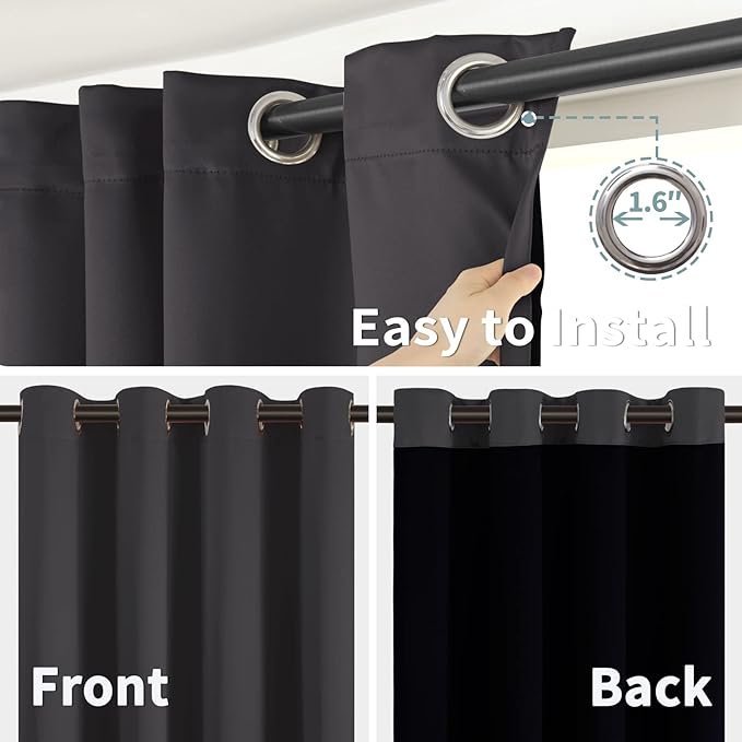 BGment Thermal Insulated 100% Blackout Curtains for Bedroom with Black Liner, Double Layer Full Room Darkening Noise Reducing Grommet Curtain (60 x 63 Inch, Dark Grey, 2 Panels)