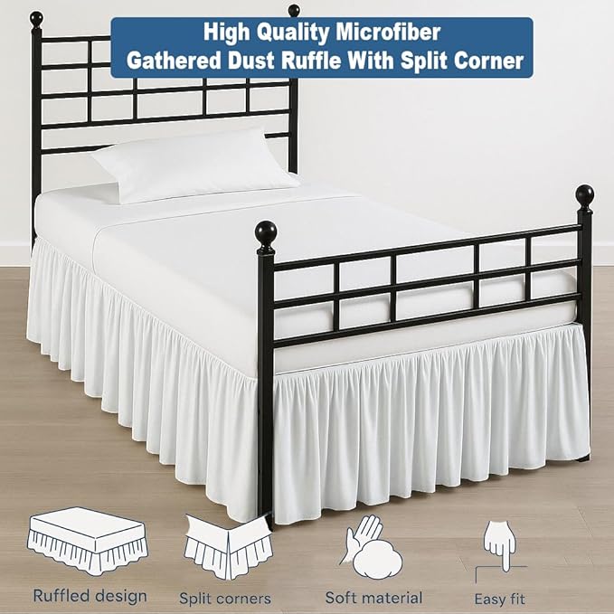 Ruffled Bed Skirt Full Size, Split Corners with Platform, Hotel Quality Ultra-Soft Microfiber Dust Ruffle, Tailored Fit, Wrinkle Free, Up to 16 Inch Drop, White