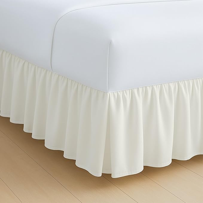 Rajlinen Ruffled Bed Skirt California King, 12 Inch Drop Dust Ruffle with Split Corners, 100% Microfiber Bedskirt with Platform, Three-Sided Coverage Ruffled Gathering Design, Ivory