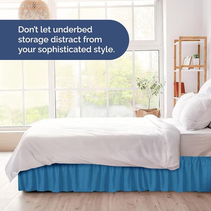 Wrap Around Dust Ruffle Bed Skirt - Denim Blue - for King Size Beds with 15 Inch Drop - Elastic Strap - Adjustable Pleated Bedskirt with Brushed Fabric and Wrinkle Free - for Women, Men, Kids & Teens