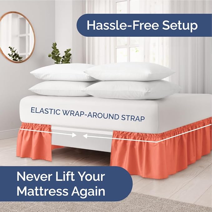 Wrap Around Dust Ruffle Bed Skirt - Coral - for Queen Size Beds with 24 Inch Drop - Easy Fit Elastic Strap - Adjustable Pleated Bedskirt w/Brushed Fabric - Wrinkle Free - for Women, Men, Kids & Teens