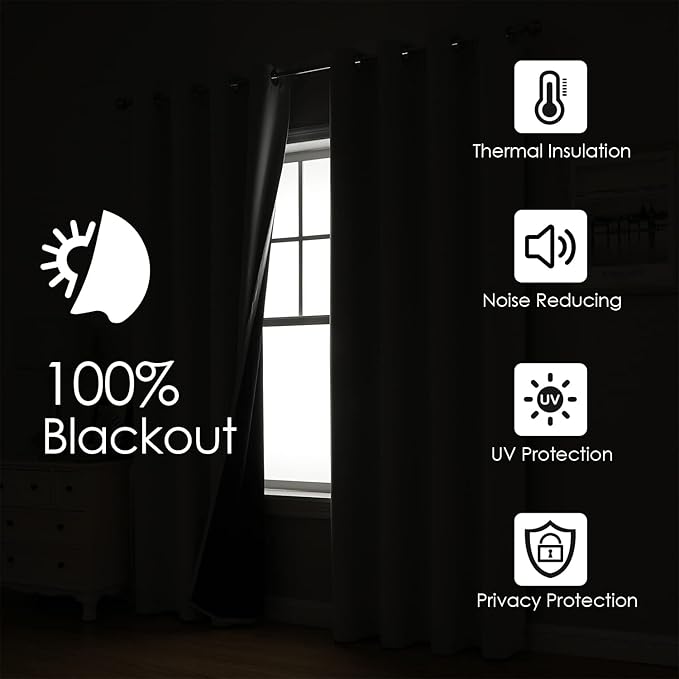 ChrisDowa 100% Blackout Curtains for Bedroom with Black Liner, 2 Thick Layers Total Blackout Thermal Insulated Grommet Small Window Curtains 54 Inch Long 2 Panels Set (Dark Grey, 52 x 54 Inch)