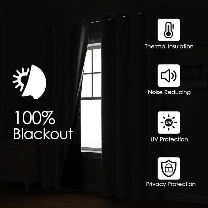 ChrisDowa 100% Blackout Curtains 90 inch Long for Bedroom with Black Liner, 2 Thick Layers Total Blackout Thermal Insulated Grommet Window Curtains 2 Panels Set (Aqua, 52 x 90 Inch)