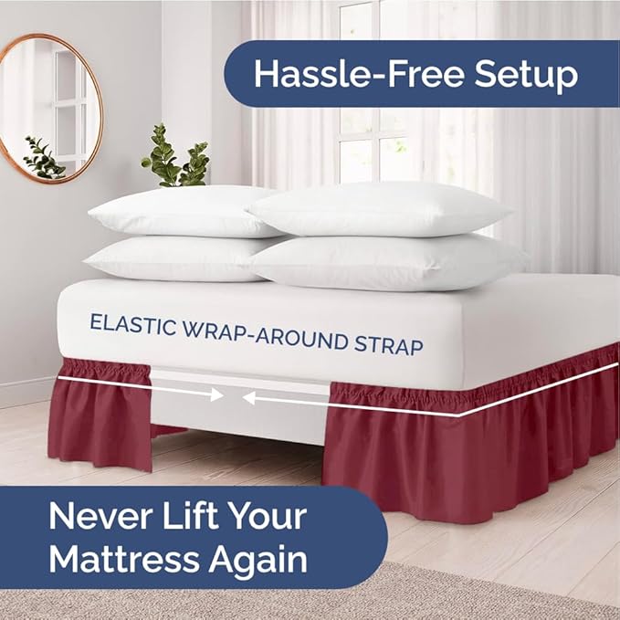 Wrap Around Dust Ruffle Bed Skirt - Burgundy - for Full Size Beds with 12 Inch Drop - Easy Fit Elastic Strap - Adjustable Pleated Bedskirt w/Brushed Fabric Wrinkle Free - for Women, Men, Kids & Teens