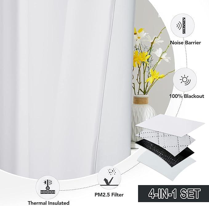 RYB HOME White Blackout Curtains for Bedroom,Noise Reducing Thermal Insulated Curtains and Drapes with Melt-Blown Fabric, Anti Dust PM2.5 Pollen Smog Filtering, Pure White, W52 x L108 inch, 2 Panel