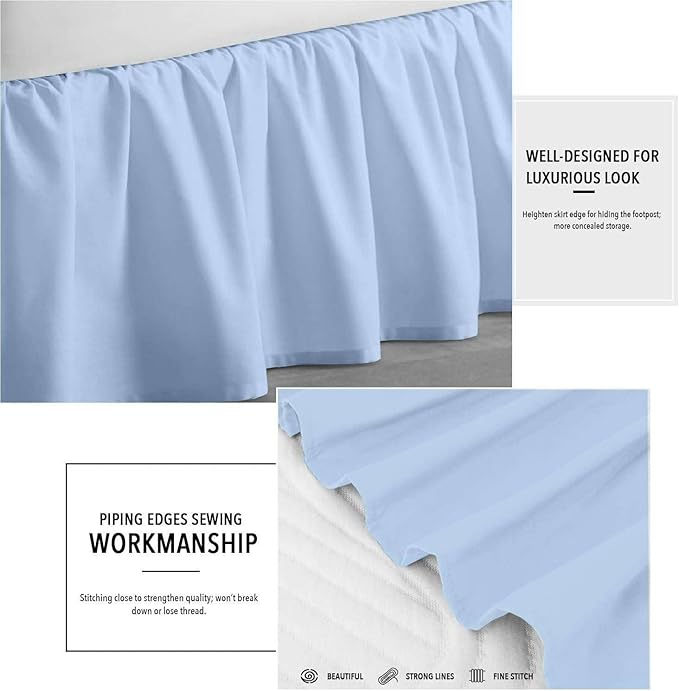 Light Blue Solid Ruffled Bed Skirt Queen-XL-26 Inch Drop Split Corner, Microfiber Bedskirt with Platform Three Sided Coverage