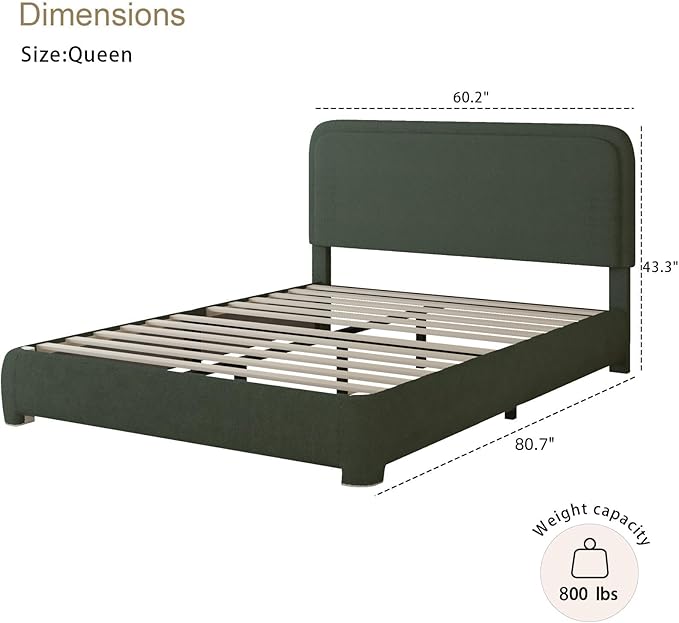 BarnFurin Queen Bed Frame with Headboard, Boucle Upholstered Platform Bed with Wood Slats, Soft Rounded Corners, No Box Spring Required, Easy Assembly, Green