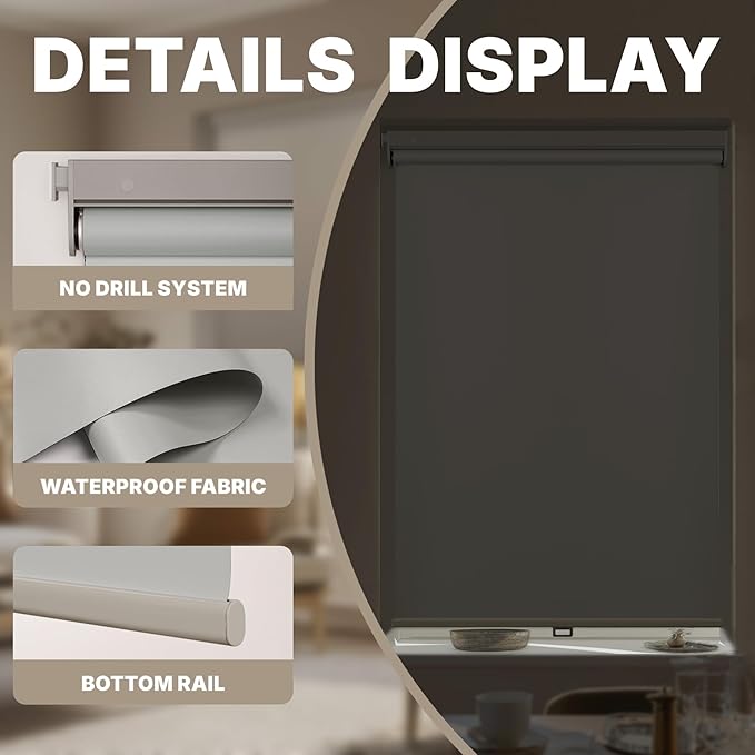 HESTIA No Drill Cordless Blackout Roller Shades Screwless Waterproof Shower Window Blinds, Auto-Retraction Easy Install Blind for Bathroom/Kitchen/Office/Exterior, Grey, 26" W x 72" H