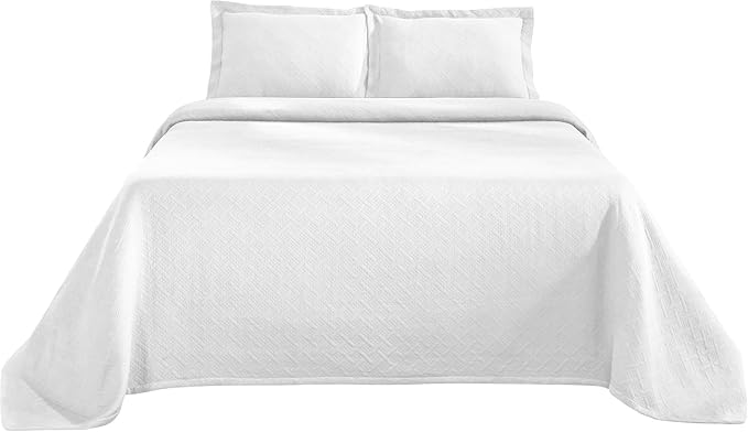 Superior 3 Piece Basketweave Cotton Bedspread Set, Home Bed Decor, Decorative Bed Spread, 2 Pillow Shams, Medium Weight Blanket, Matelasse Coverlet Bedding, Geometric Lattice Pattern, Queen, White