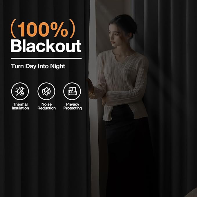 100% Blackout Grommet Linen Curtains for Living Room, Linen-Look Textured Full Light Blocking Room Darkening Thermal Insulated Drapes for Bedroom 2 Panels (W52xL92, Grey)