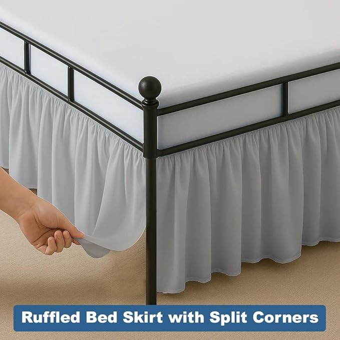 Ruffled Bed Skirt Split Corners with Platform, Tailored Fit Hotel Quality Wrinkle Free Ultra-Soft Microfiber Dust Ruffle, Upto 14 Inch Drop, Queen, Light Grey