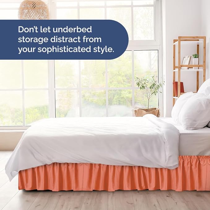 Wrap Around Dust Ruffle Bed Skirt - Coral - for Queen Size Beds with 24 Inch Drop - Easy Fit Elastic Strap - Adjustable Pleated Bedskirt w/Brushed Fabric - Wrinkle Free - for Women, Men, Kids & Teens