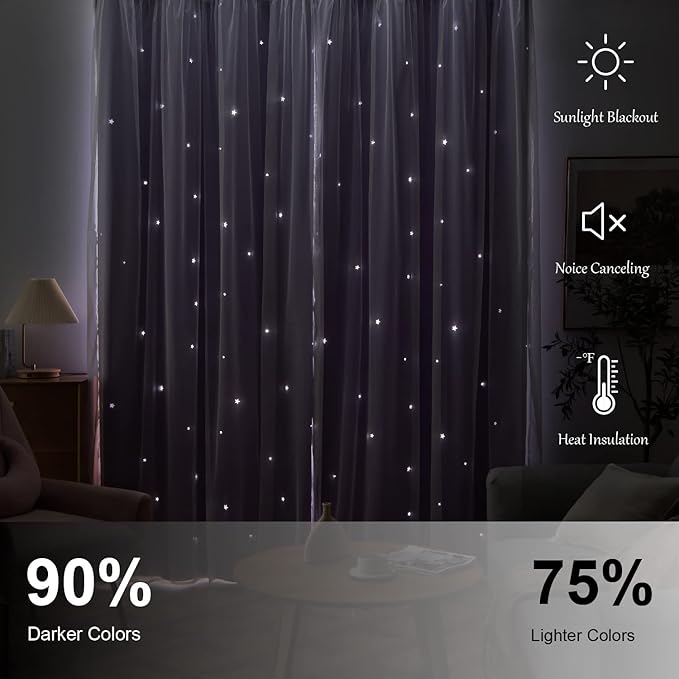 Stars Curtains for Kids, Double Layer Curtains, Blackout Curtains for Bedroom, Kids Curtains, Cute Curtains, Kids Blackout Curtains, Set of 2 Panels, Purple Curtains, 52 X 63 Inches