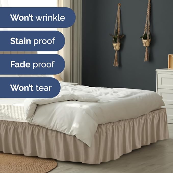 Wrap Around Dust Ruffle Bed Skirt - Cream - for Twin Size Beds w/ 16 Inch Drop - Easy Fit Elastic Strap - Adjustable Pleated Bedskirt w/Brushed Fabric, Wrinkle & Fade Free Women, Men, Kids & Teens