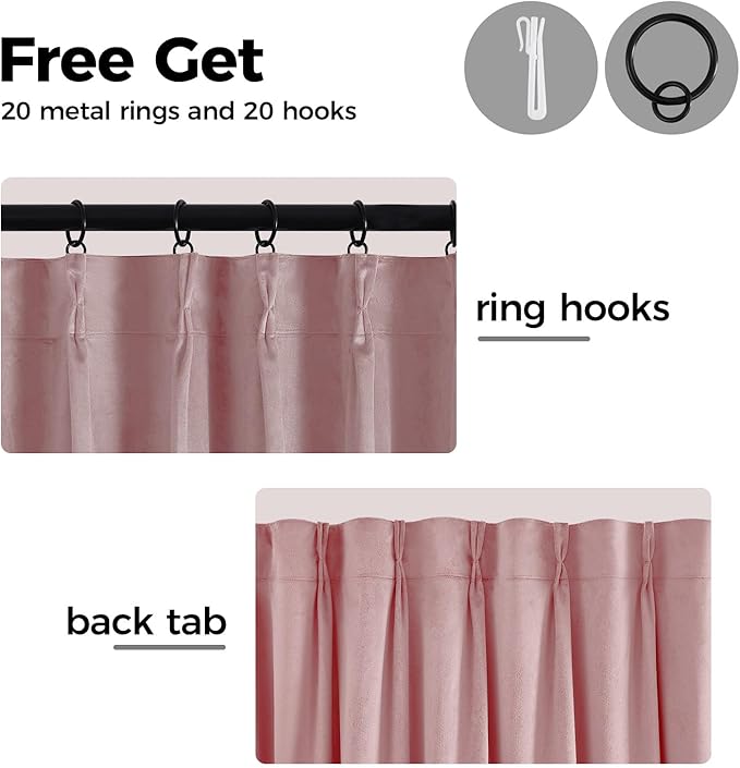 Pinch Pleated 100% Blackout Curtains for Bedroom, Pink Velvet Curtains for Living Room, Black Out Curtain 102 inch Long Room Darkening, Blackout Pinch Pleat Drapes with Hooks 2 Panels