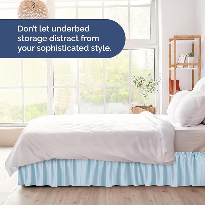 Wrap Around Dust Ruffle Bed Skirt - Light Blue - for King Size Beds with 24 Inch Drop - Elastic Strap - Adjustable Pleated Bedskirt with Brushed Fabric and Wrinkle Free - for Women, Men, Kids & Teens