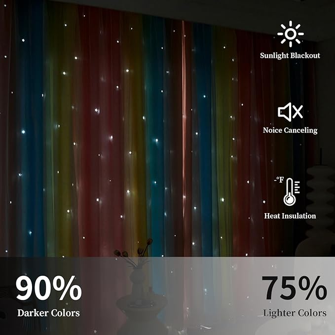 Star Curtains Blackout Curtains for Bedroom Cute Curtains Kids Curtains Rainbow Curtains, Curtains 63 Inches Long 2 Panels, Red & Yellow & Blue Curtains, 52 X 63 Inches