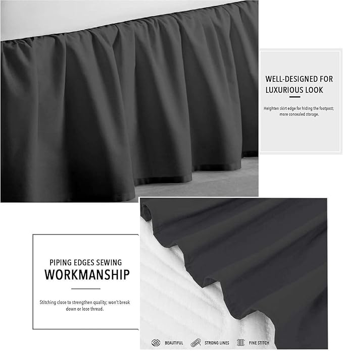 Dark Grey Solid Ruffled Bed Skirt Short Queen-24 Inch Drop Split Corner, Microfiber Bedskirt with Platform Three Sided Coverage
